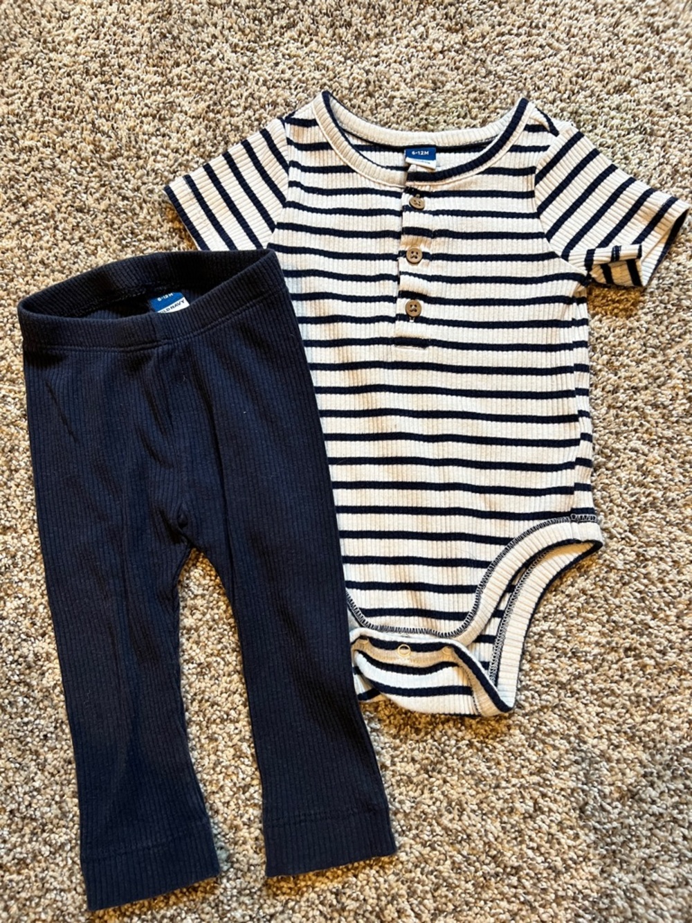 Old Navy Navy and White Striped Ribbed Bodysuit with Navy Ribbed Pants